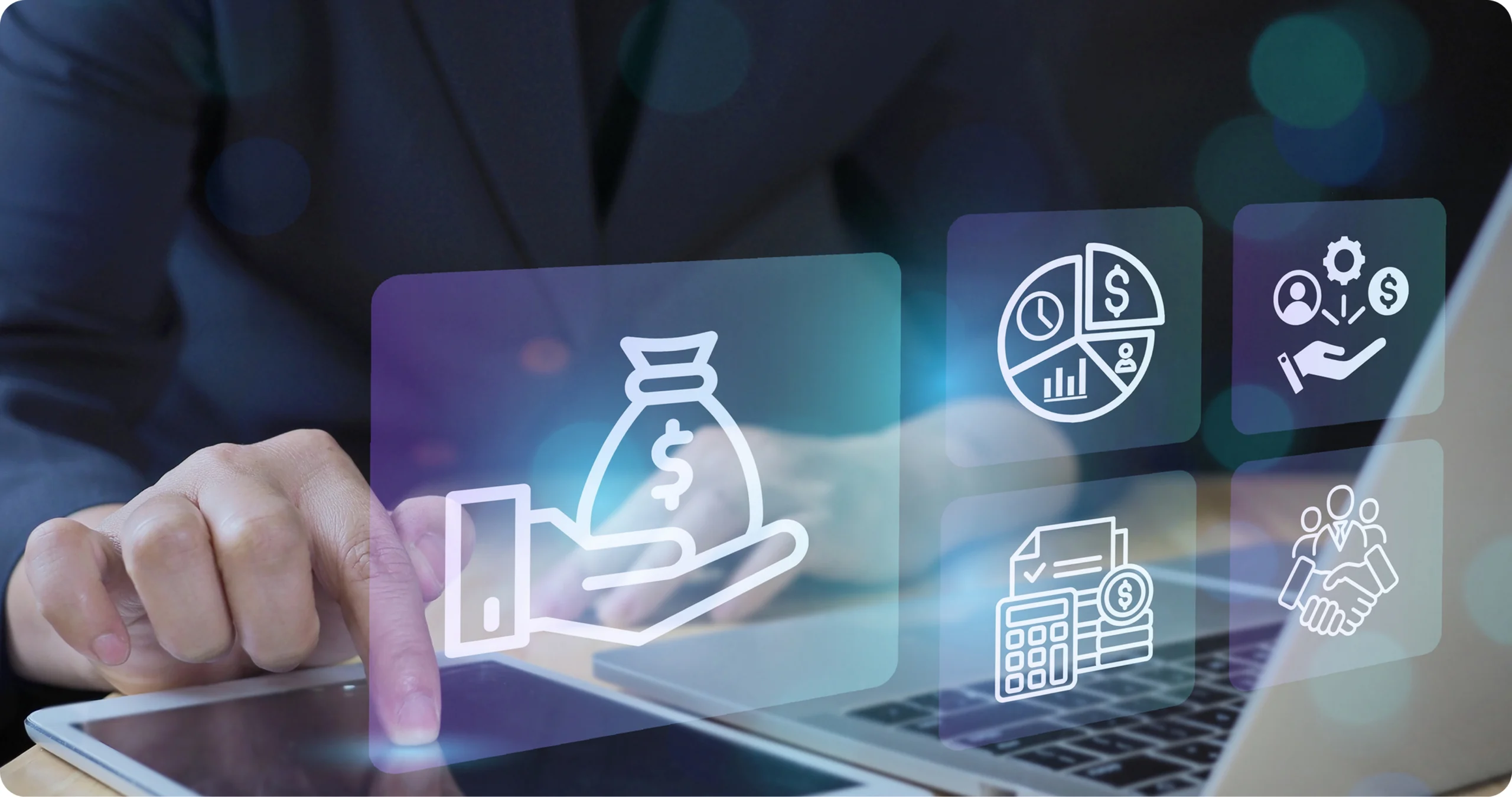 Business finance icons over laptop screen.