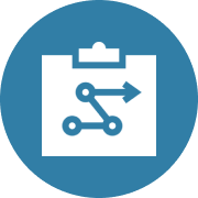 Flowchart icon on clipboard, blue background.