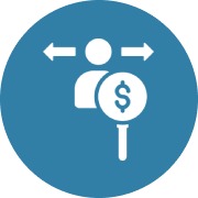 Person with arrows and dollar magnifying glass.